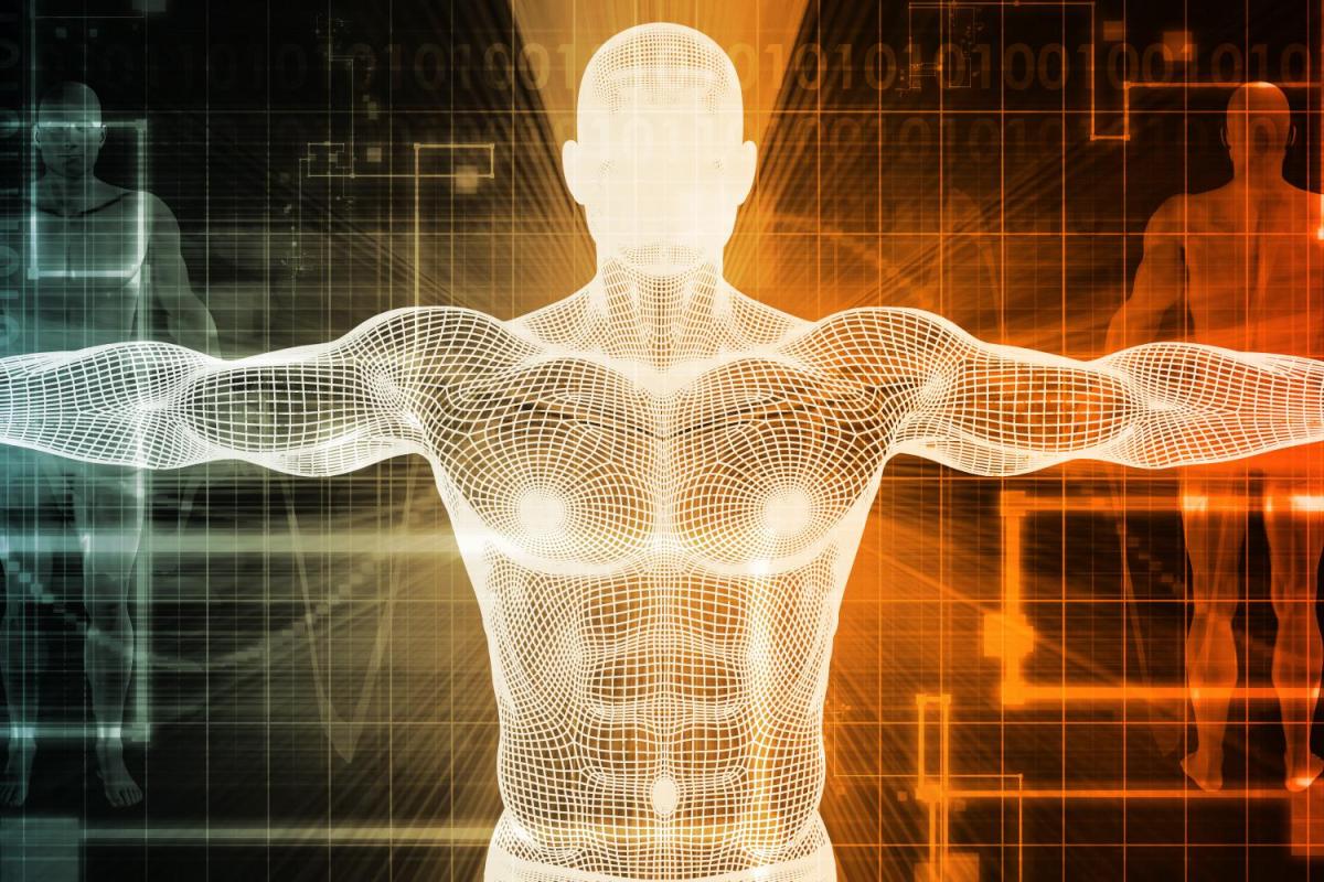 Graphic of a human body wireframe with computerized background