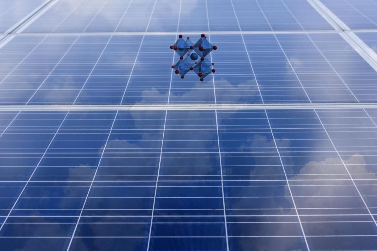 A perovskite molecule floating over a solar panel