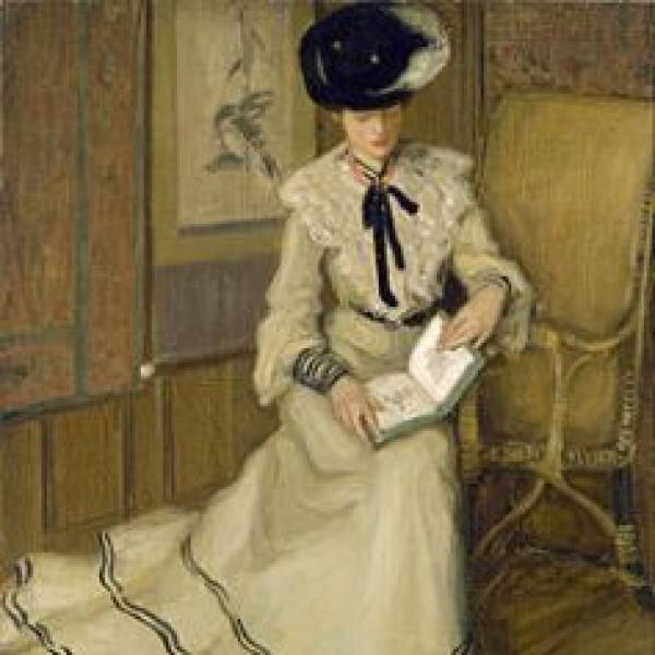 Painting of a woman in a hat and dress